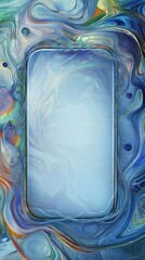 Poster - Abstract fluid art in blue tones with jewel accents surrounding a central, sleek rectangular space.