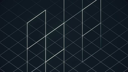 Poster - Dynamic transformation of geometric shapes on a dark background. Bright white lines form a symmetrical rhombus pattern that changes smoothly. 3d rendering seamless loop animation 4K