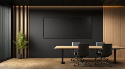 Poster - Modern conference room with wooden accents, sleek furniture, and a large screen, ideal for meetings