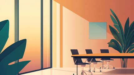 Poster - Modern conference room with large windows showcasing a sunset, featuring plants and minimalistic decor