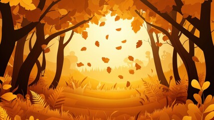 Poster - Layered autumn forest with golden leaves and soft light creates a cozy seasonal atmosphere Generative AI