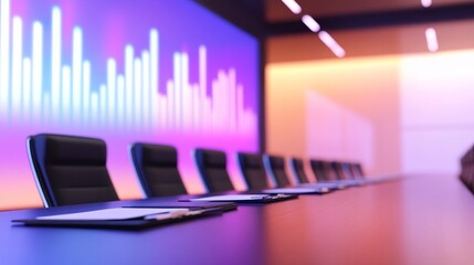 Poster - Modern conference room with sleek furniture, vibrant background lighting, and organized workspace