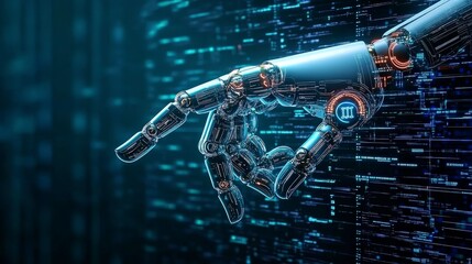 Poster - Futuristic robotic hand reaching out against a digital background.