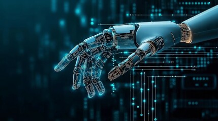 Poster - A futuristic robotic hand reaching out against a digital background, symbolizing technology and innovation.