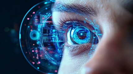 Poster - A futuristic eye with digital circuits and holograms, symbolizing technology and innovation.