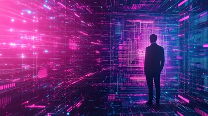 Poster - a person stands in a digital landscape of vibrant neon circuits and data streams.