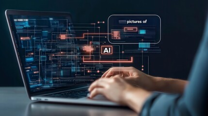 Poster - A person interacting with a laptop displaying data and AI visualizations in a dark environment.