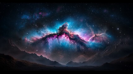Aufkleber - Cosmic nebula over a landscape of mountains