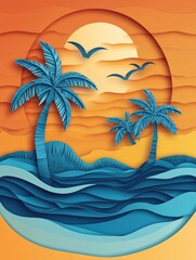 Fototapete - Tropical island layered paper cut art featuring palm trees waves and a glowing sunset in warm tones Generative AI