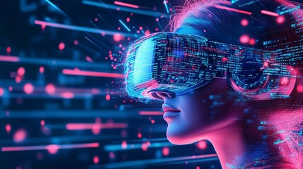 Poster - A futuristic figure wearing a VR headset surrounded by digital elements and vibrant colors.