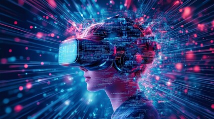 Poster - A person wearing a VR headset surrounded by digital data and vibrant light effects.