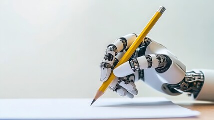 Poster - A robotic hand holds a pencil, poised to write on a blank sheet of paper.