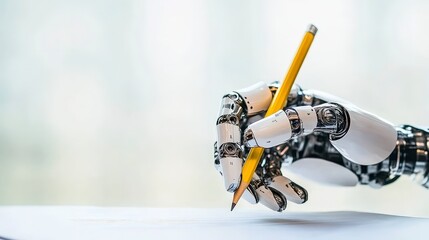 Poster - A robotic hand holding a pencil writes on a sheet of paper, symbolizing technology and creativity.