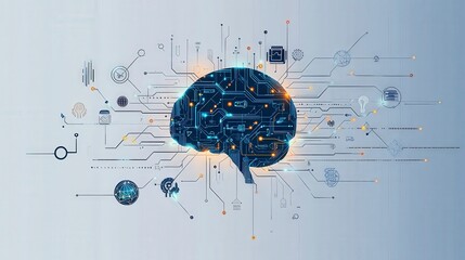 Poster - Digital brain composed of circuitry and technology elements, symbolizing artificial intelligence and innovation.