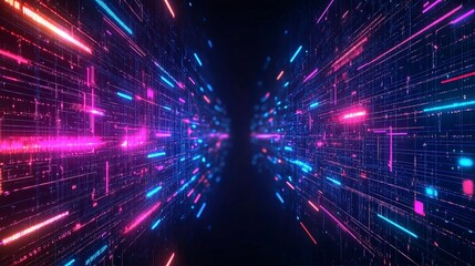 Poster - abstract digital tunnel with vibrant lines and lights creating a futuristic atmosphere.