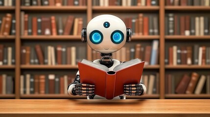 Poster - A robot reading a book in a library filled with bookshelves.