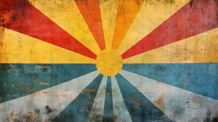 Poster - Colorful retro sunburst background with grunge vintage banner design. Distressed texture with rainbow colors radiating from center. Vibrant colors create bold pattern. Abstract design evokes