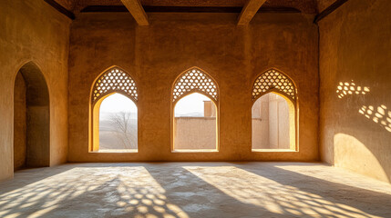 Poster - Interior view of a room with three arched windows casting patterned shadows on the floor and walls
