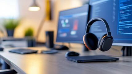 Poster - Modern workspace featuring sleek monitors and headphones, with ambient lighting and greenery