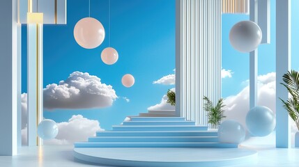Poster - 3D-rendered modern blue-themed background with dreamlike floating clouds in motion.