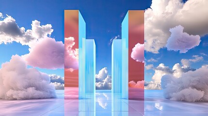 Poster - 3D-rendered modern blue-themed background with dreamlike floating clouds in motion.
