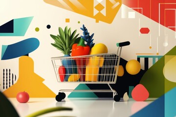 Poster - Stylish grocery shopping scene featuring bold colors and geometric shapes with vibrant produce in a modern cart Generative AI