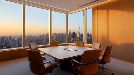 Poster - Modern conference room with panoramic city views during sunset, showcasing urban skyline