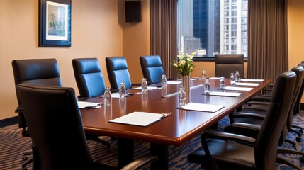 Poster - Modern conference room with a large table, chairs, and city view, ready for a meeting