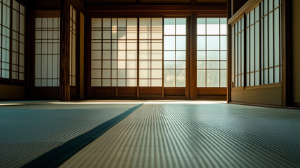 Poster - Interior view of a traditional japanese room with tatami mats and shoji screen doors open