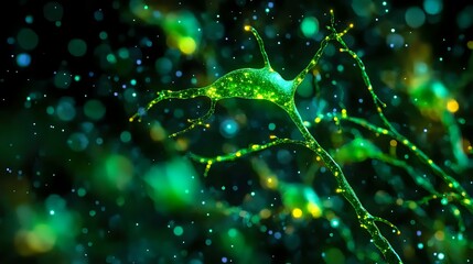 Poster - Glowing green neural network visualization with luminous connections and bokeh effects on dark background, representing artificial intelligence and brain synapses.