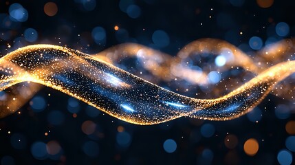 Poster - Glowing golden waves with sparkles flow through dark space creating magical light trails against blurred bokeh background. Abstract cosmic design element.