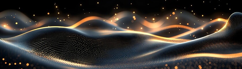 Poster - Glowing golden waves flow across dark background with shimmering particles and light trails creating abstract digital landscape panorama.