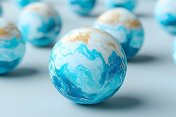 Poster - Marbled spheres in turquoise and white colors arranged on light surface. Abstract decorative balls with swirling patterns create elegant composition.