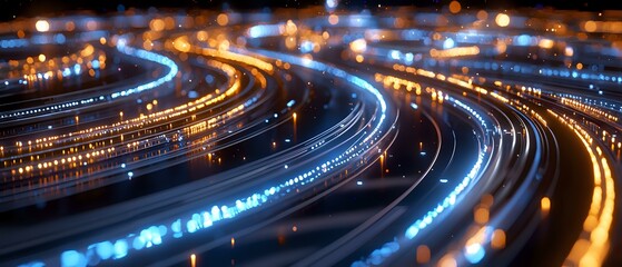 Poster - Curved light trails on highway at night with bokeh effect and motion blur creating abstract urban transportation pattern in blue and orange tones.