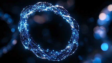 Poster - glowing blue circular network of light particles and connections forming ring shape on dark backgrou
