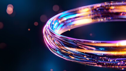 Poster - Glowing spiral light trail with vibrant neon colors blue, pink and orange against dark background creates dynamic motion effect with bokeh elements.