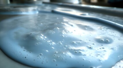 Poster - Macro shot of soap foam bubbles creating abstract texture with light blue tones and reflective surface, showing delicate details and natural patterns.