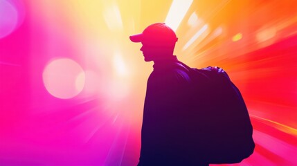 Poster - Delivery worker silhouette against a vibrant abstract background in neon tones with soft depth effects Generative AI