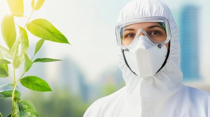 Poster - Scientist in protective gear examines a green plant against an urban background with sunlight