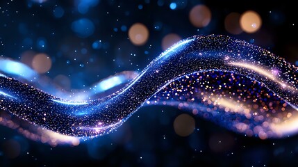 Poster - Magical glowing waves of blue and pink sparkles flow through dark space with bokeh light effects, creating an ethereal cosmic abstract background.
