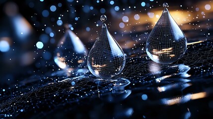 Poster - Water drops on dark reflective surface with bokeh lights and sparkles creating magical atmosphere. Macro photography with shallow depth of field.