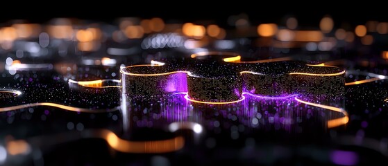 Poster - Abstract futuristic landscape with glowing purple and orange lights creating waves and circles against dark background, digital art style panoramic composition.