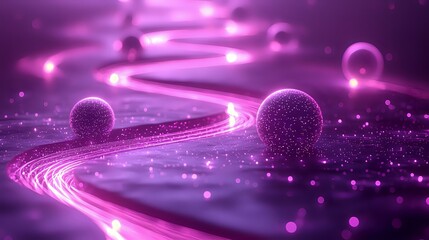 Poster - Glowing purple spheres and light trails on dark background with sparkles and bokeh effects create magical atmosphere for fantasy or science designs.