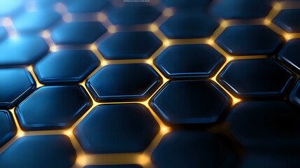 Aufkleber - Glowing hexagonal grid pattern with golden light between dark blue metallic cells creates futuristic technological background for science presentations.