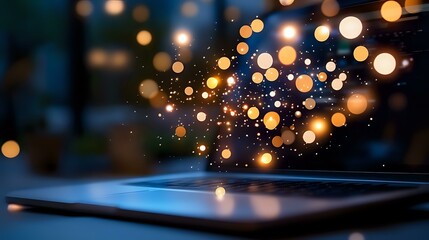 Poster - Magical glowing particles floating above digital tablet screen with bokeh light effect in dark room, creating ethereal atmosphere for technology concept.