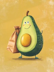 Poster - Humorous cartoon avocado with a big grocery bag in a playful pastel background enjoying a fun shopping day Generative AI
