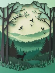 Fototapete - Beautiful layered paper cut forest with deer and birds surrounded by soft green tones and depth effect created with cut-out silhouettes in nature