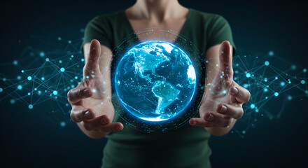 Poster - Woman showing digital holographic earth globe with connected network. Futuristic technology, ecology, environmental concept for presentation, banner advertisement.