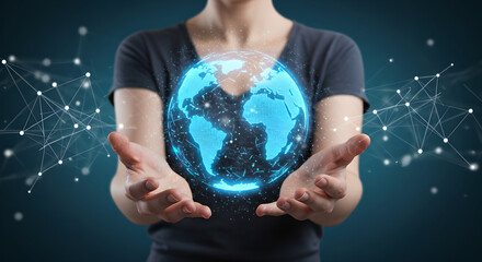 Poster - Woman holding a digital Earth globe representing global connectivity and communication, modern hi-tech network connection concept for presentation and technology event.