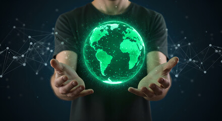Poster - Man presenting digital glowing Earth planet hologram, showcasing interconnected systems, virtual reality, global network, with technological elements for technology concept.
